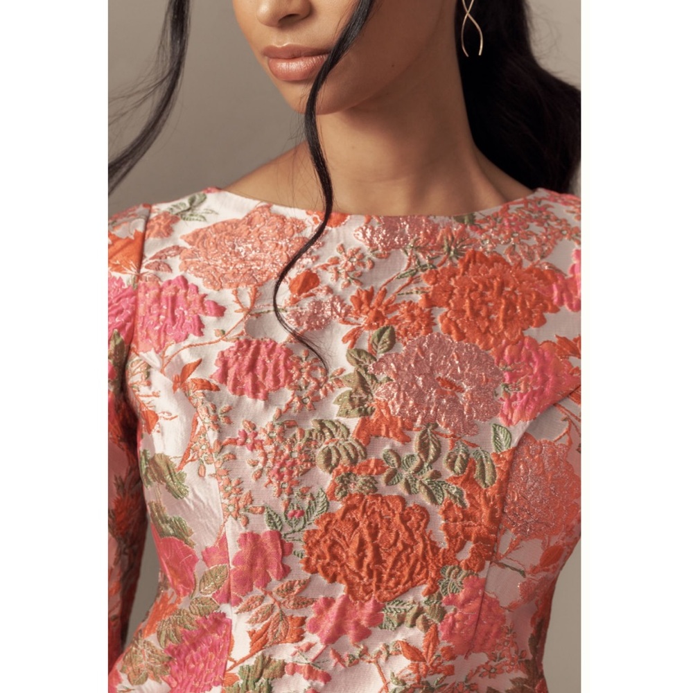 Mac Duggal by Ieena Pink Floral Brocade Balloon Sleeve Mini Dress - Picture 7 of 16